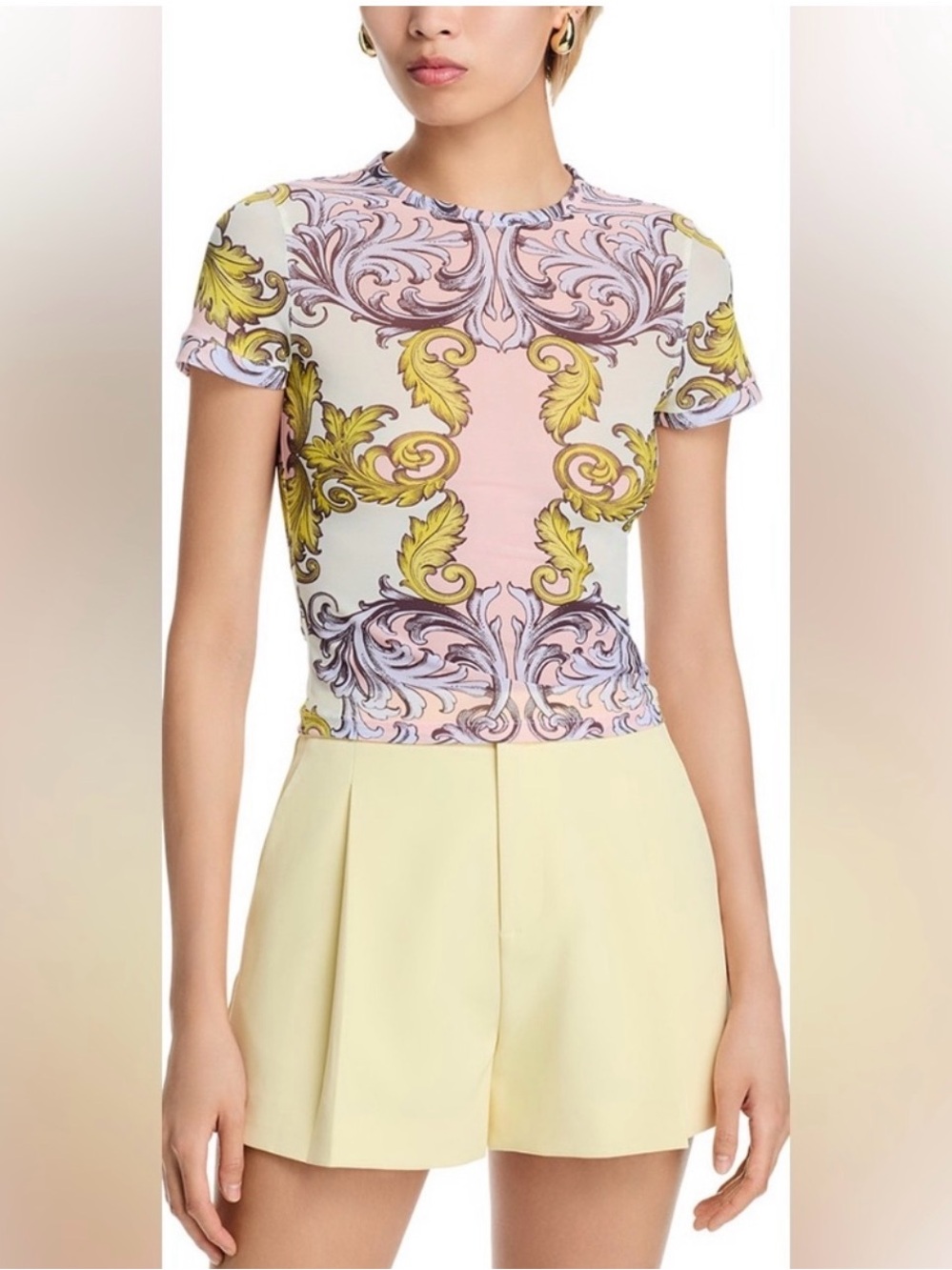 Alice+Olivia Tess Pink Baroque Print Short Sleeve Mesh Top